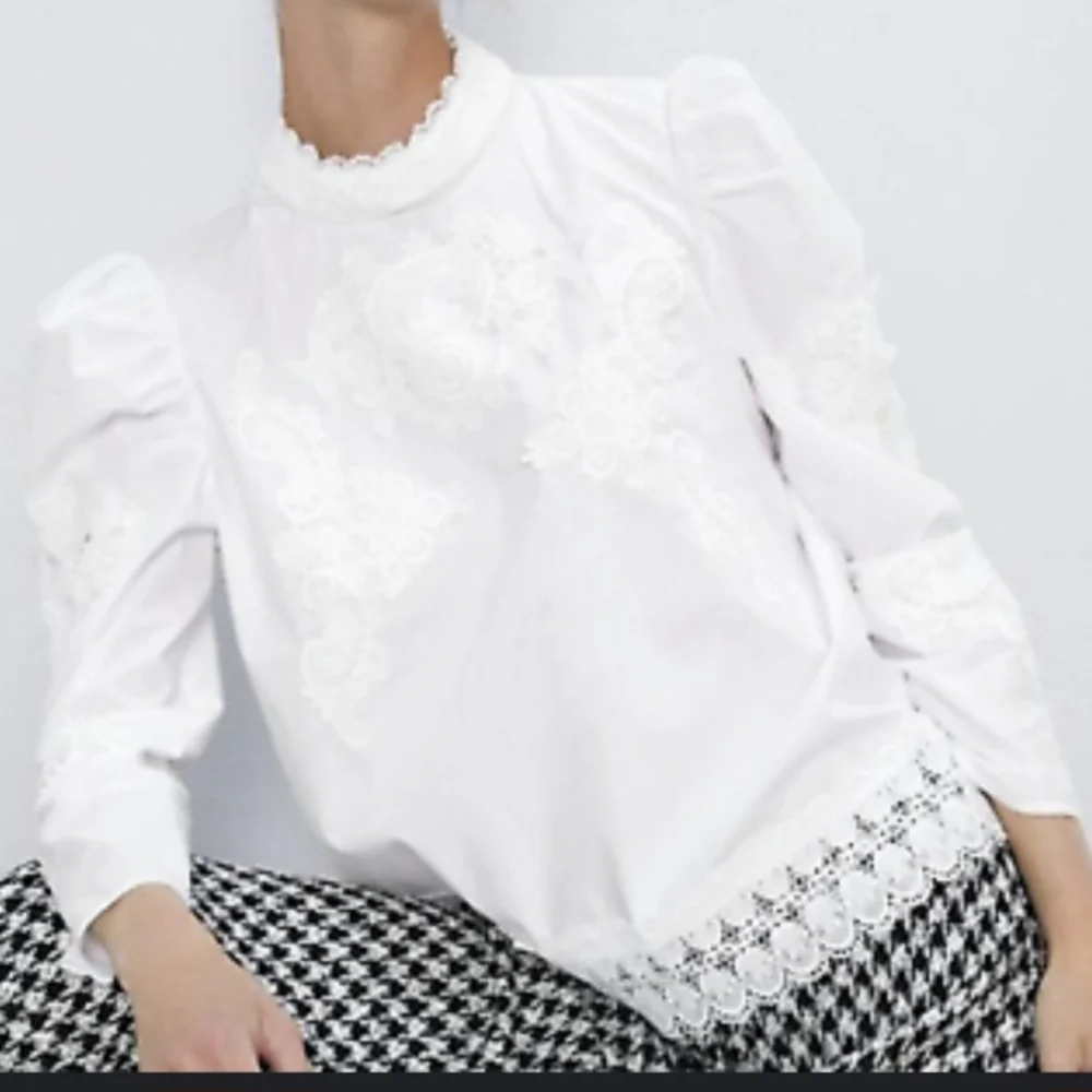 Zara Contrasting Combined Poplin Embroidered Cotton Top High Neck Blouse Lace